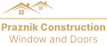 Praznik Construction logo with tan house roof icon and “Window and Doors” text