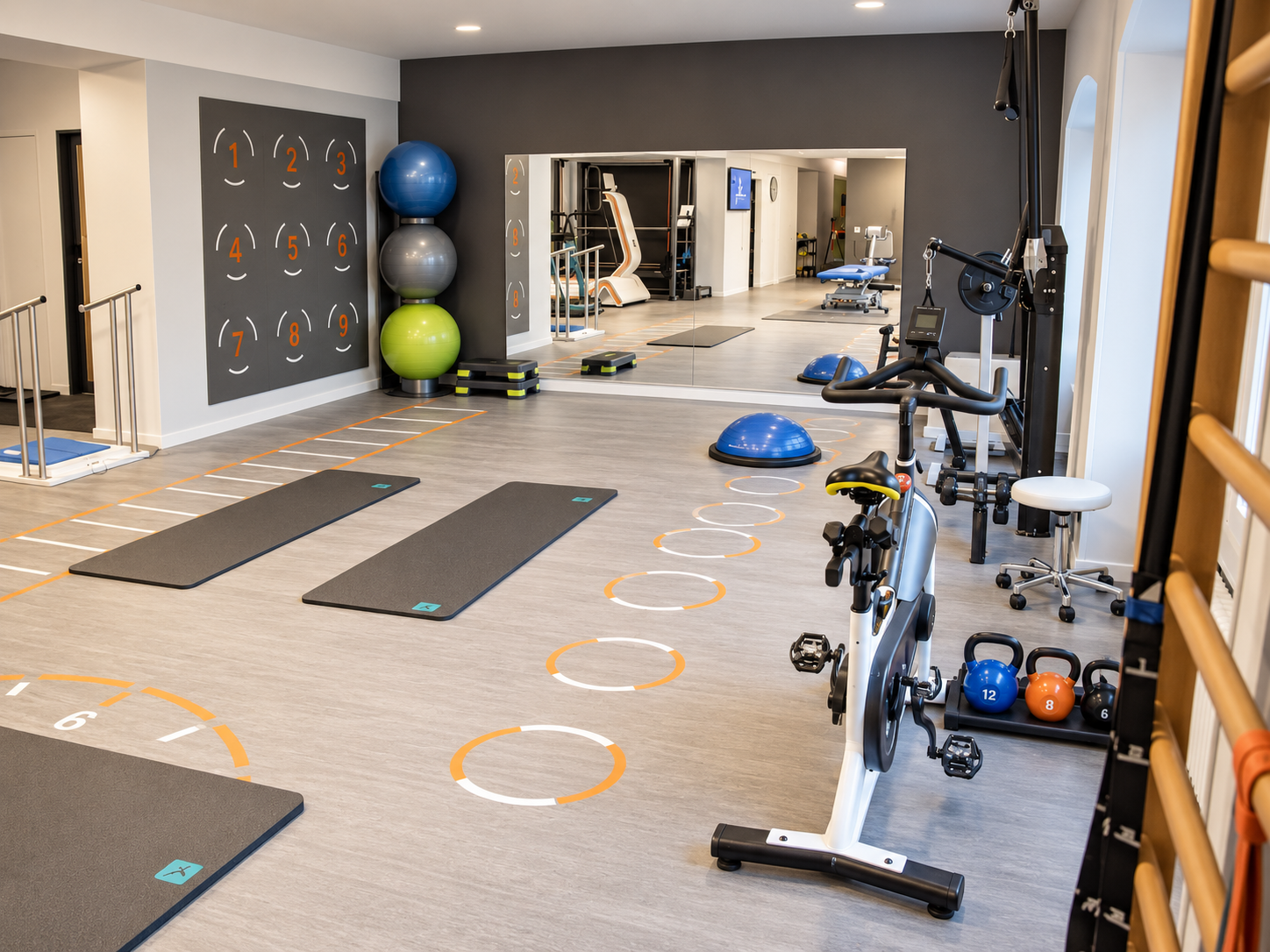 Salle de sport moderne avec tapis de sol, ballons de stabilité, kettlebells et appareils de musculation