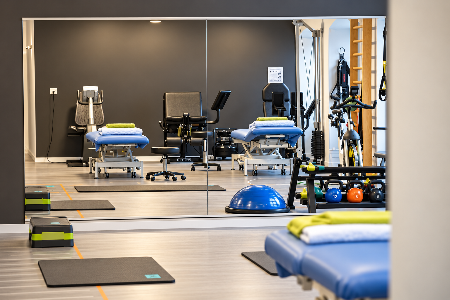 Salle de sport moderne avec lits de Pilates Reformer, miroirs, appareils de musculation et dôme d'équilibre bleu au sol