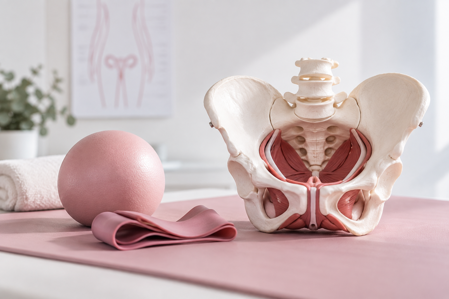 Modèle de bassin rose et ballon d'exercice sur une table pastel avec une nappe pliée et une affiche anatomique en arrière-plan