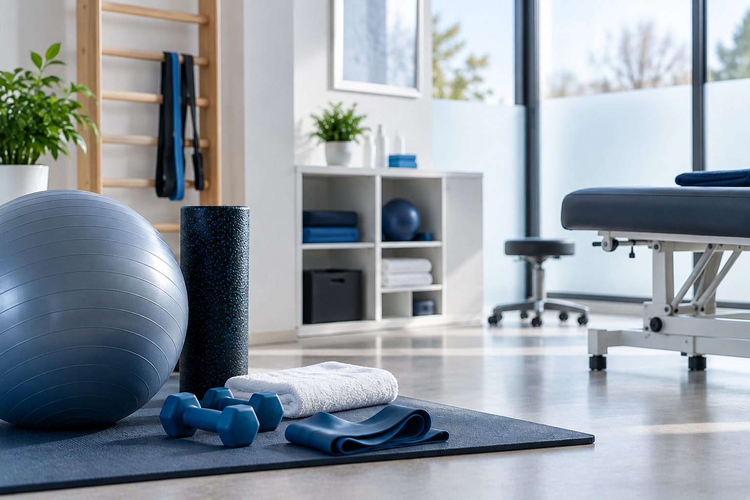 Salle de physiothérapie avec ballon d'exercice, haltères, tapis et table de traitement près d'une fenêtre lumineuse