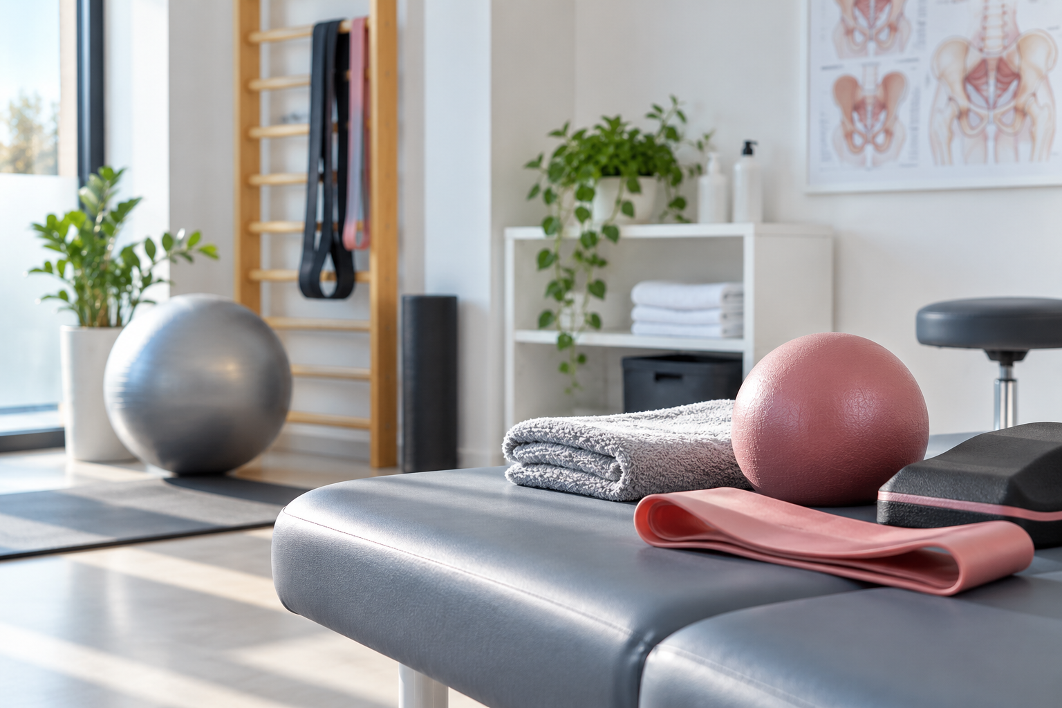 Studio de Pilates avec ballons d'exercice et table de massage avec serviette et ballon rose