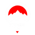 Logo circulaire rouge avec une pointe blanche dentelée et un petit triangle rouge inversé en dessous.