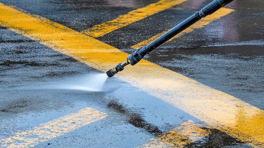 A person operates a pressure washer to clean the street, highlighting community maintenance in Satisfy Utah.
