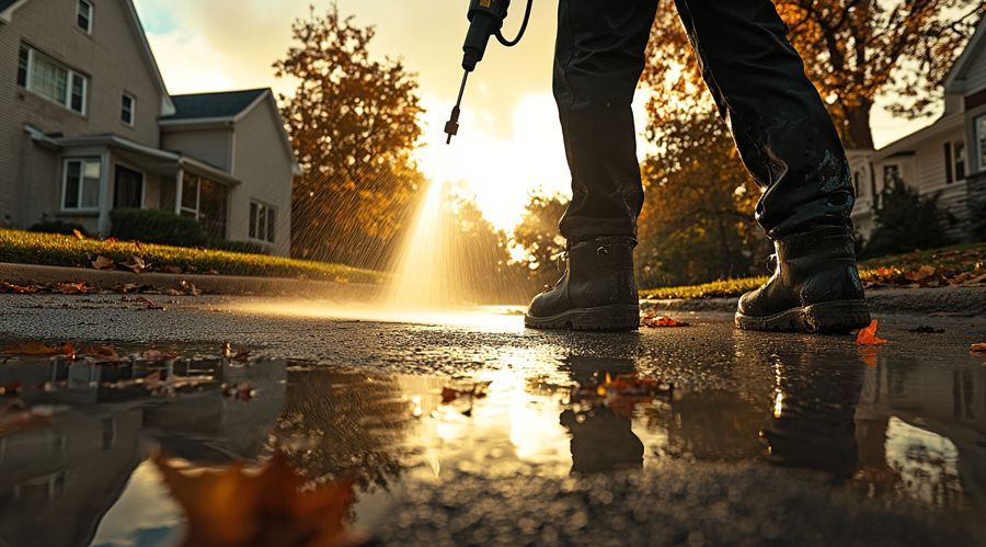 In Satisfy Utah, an individual sprays water on a driveway, ensuring it stays clean and well-maintained.