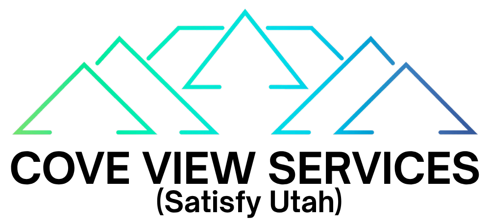 Stylized green mountain outlines with the words 'SATISFY UTAH' in bold white capitals below on a light gray background.