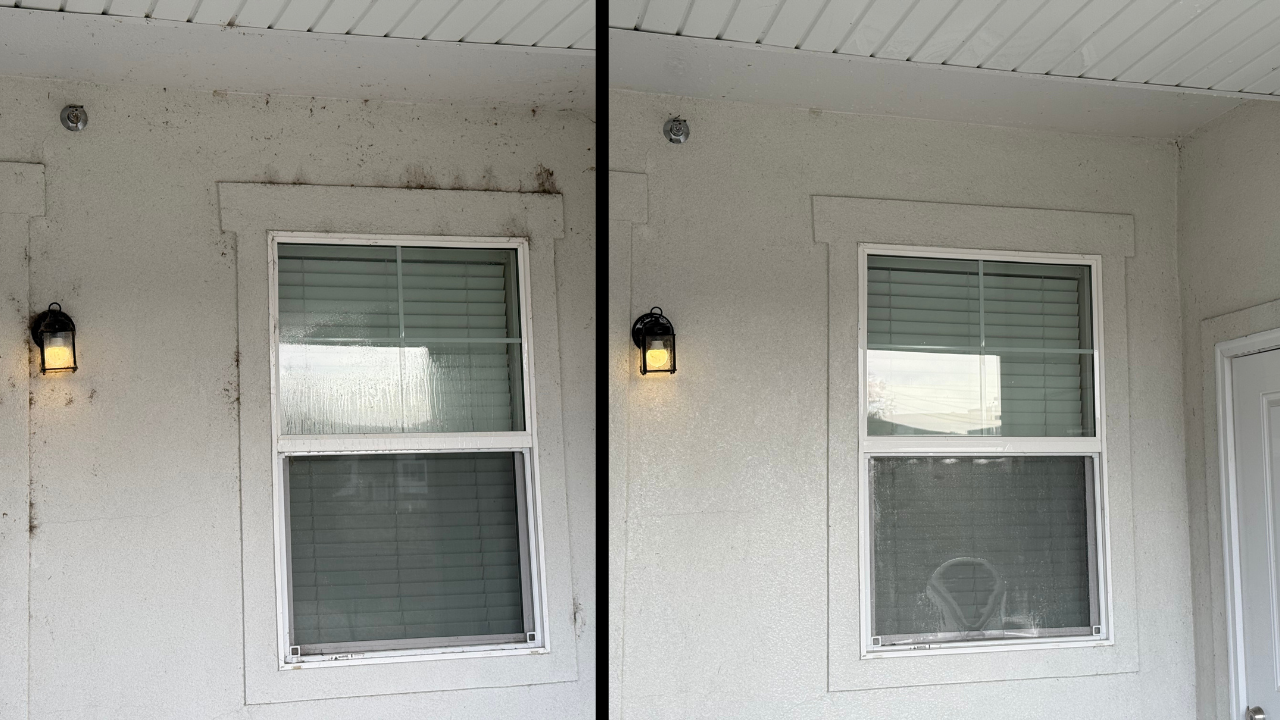 Before and after image of a window cleaning by Satisfy Utah, showcasing clear, sparkling windows versus dirty ones.