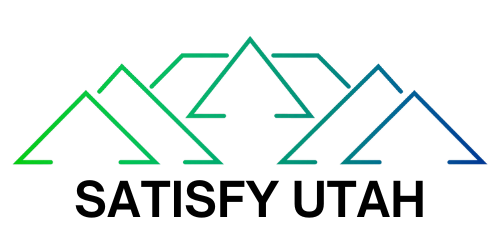 Stylized green mountain outlines with the words 'SATISFY UTAH' in bold white capitals below on a light gray background.