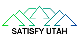 Stylized green mountain outlines with the words 'SATISFY UTAH' in bold white capitals below on a light gray background.