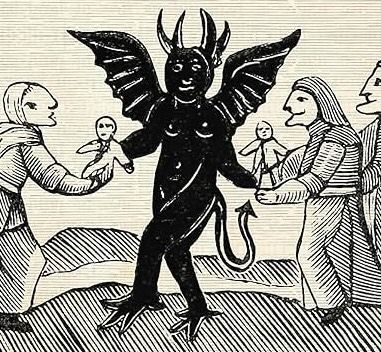 Winged horned figure between two men in an old black-and-white illustration