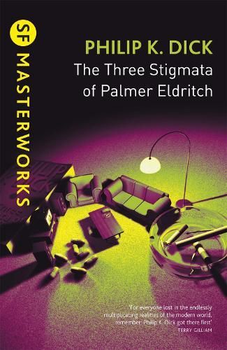 Book cover for Philip K. Dick’s The Three Stigmata of Palmer Eldritch, with a surreal green-purple scene