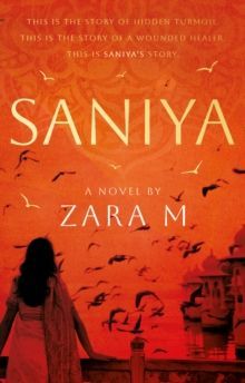 Orange book cover for “Saniya” by Zara M, with a silhouetted woman and birds flying across the sky.
