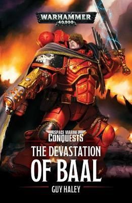 Warhammer 40,000 book cover: red-armored warrior in flames, titled “The Devastation of Baal”