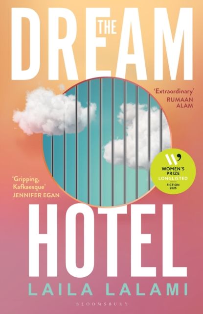 Book cover of The Dream Hotel by Laila Lalami, with clouds in a circular window against an orange background.