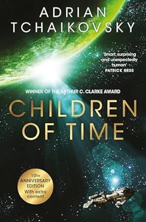 Book cover of Adrian Tchaikovsky’s Children of Time, with glowing green space and a small spaceship.