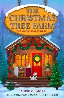 Christmas tree farm sign with a red cabin, wreath, garlands, and a small cat in the doorway under snowy trees.