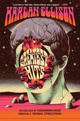 Book cover with a stylized face and flowers, titled “Greatest Hits” by Harlan Ellison