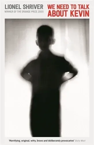 Book cover for We Need to Talk About Kevin by Lionel Shriver, with a blurred silhouetted figure against a white background