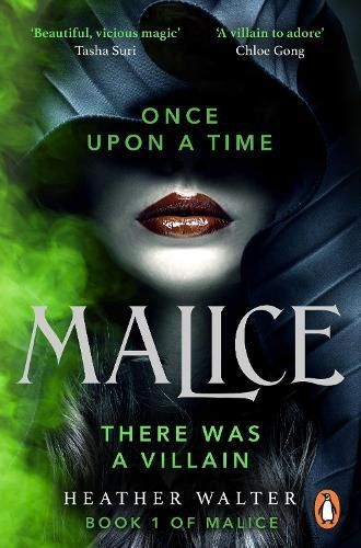 Book cover of Malice by Heather Walter, with a dark hooded face and red lips on a black background.