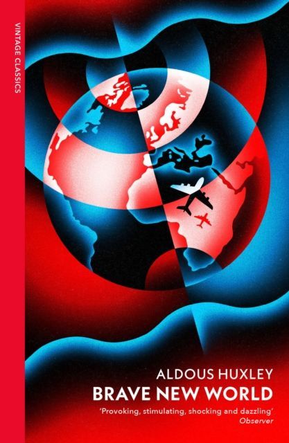 Book cover of Aldous Huxley's Brave New World with abstract red, blue, and black design and silhouettes of aircraft.