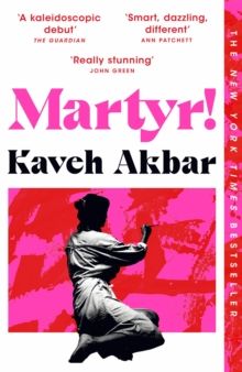 Book cover for Martyr! by Kaveh Akbar, featuring a pink background and a black-and-white figure leaping.