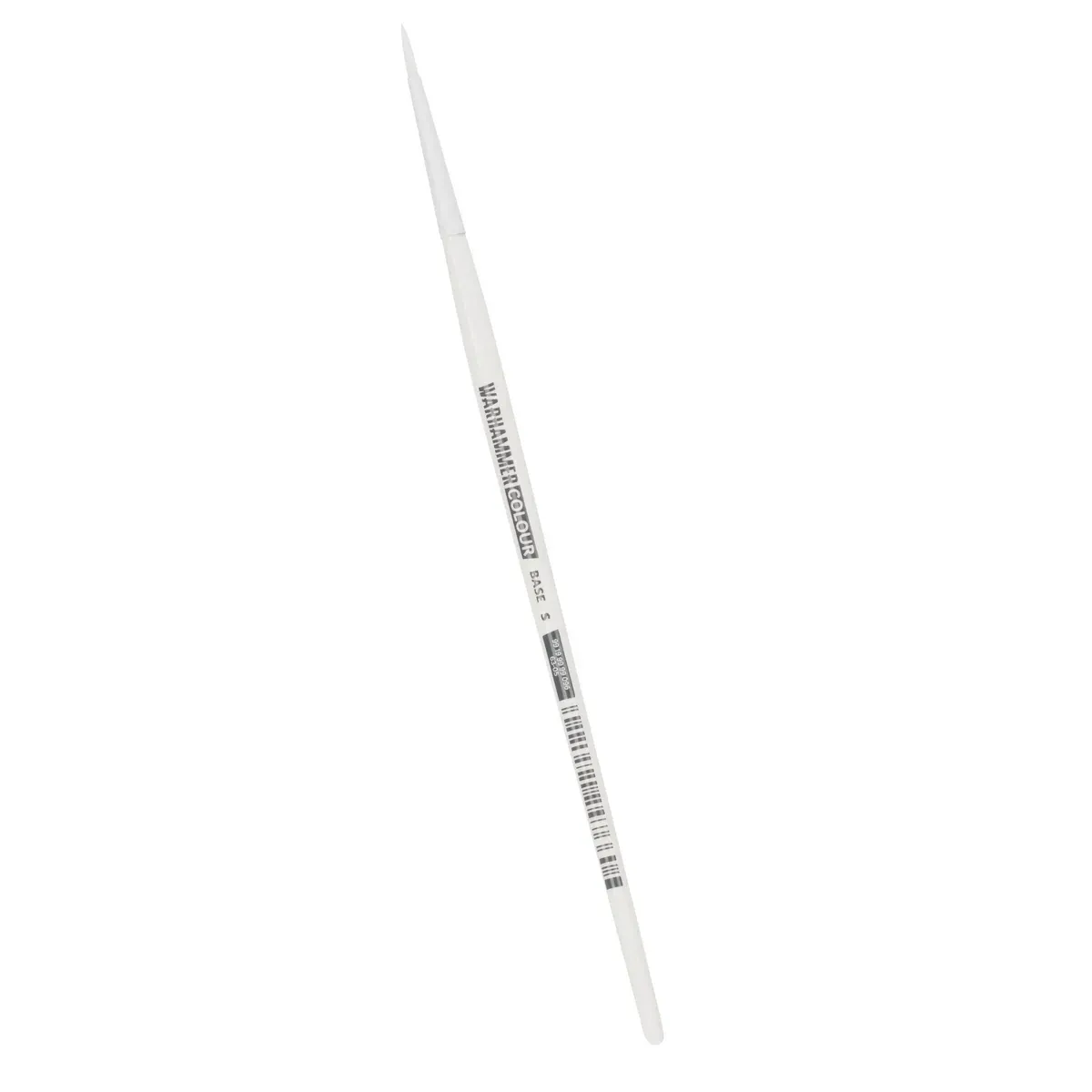 A white pen with black text on the barrel, shown diagonally on a plain white background.
