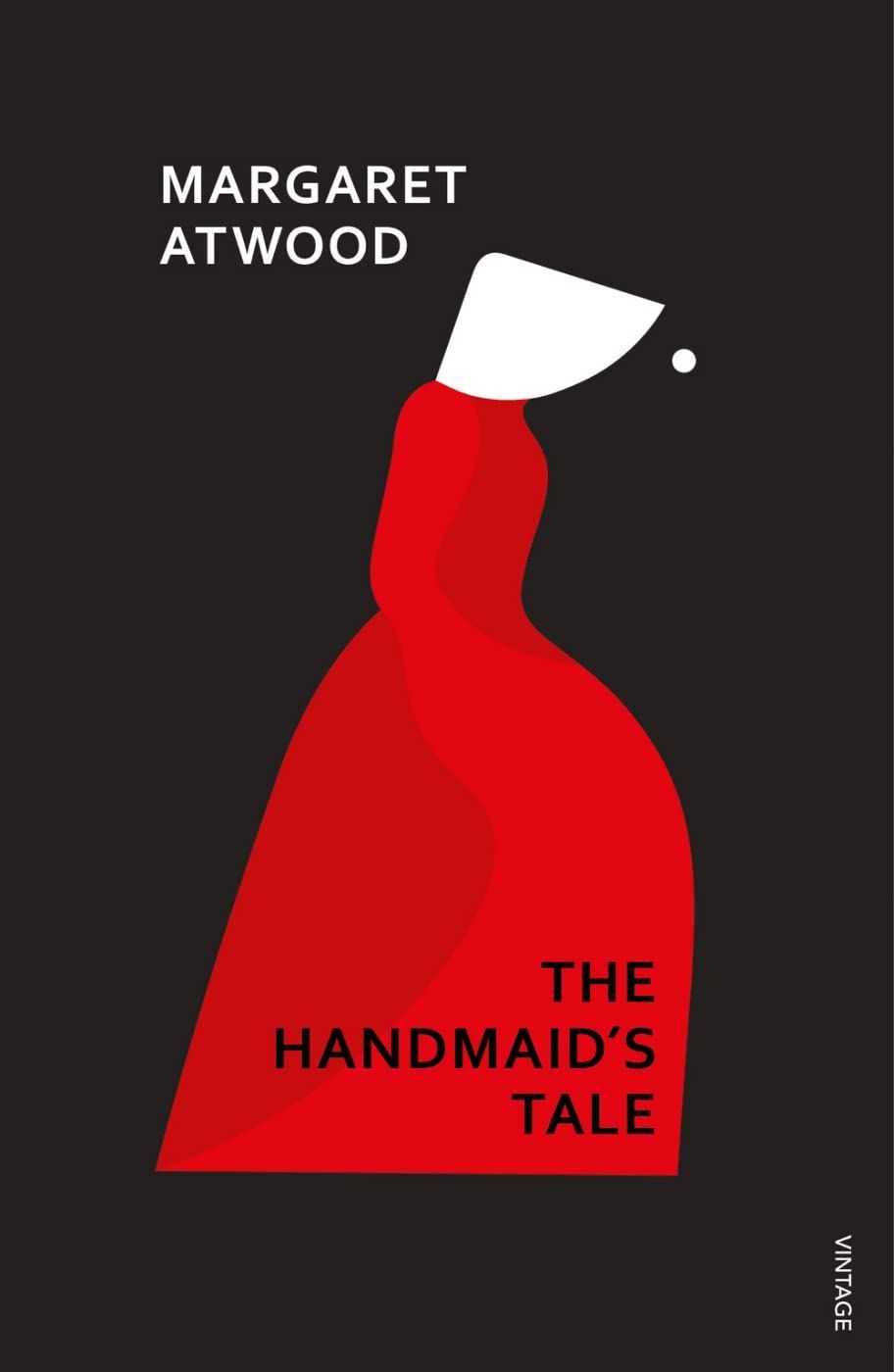 Book cover for Margaret Atwood’s The Handmaid’s Tale, featuring a red cloaked figure on a black background.