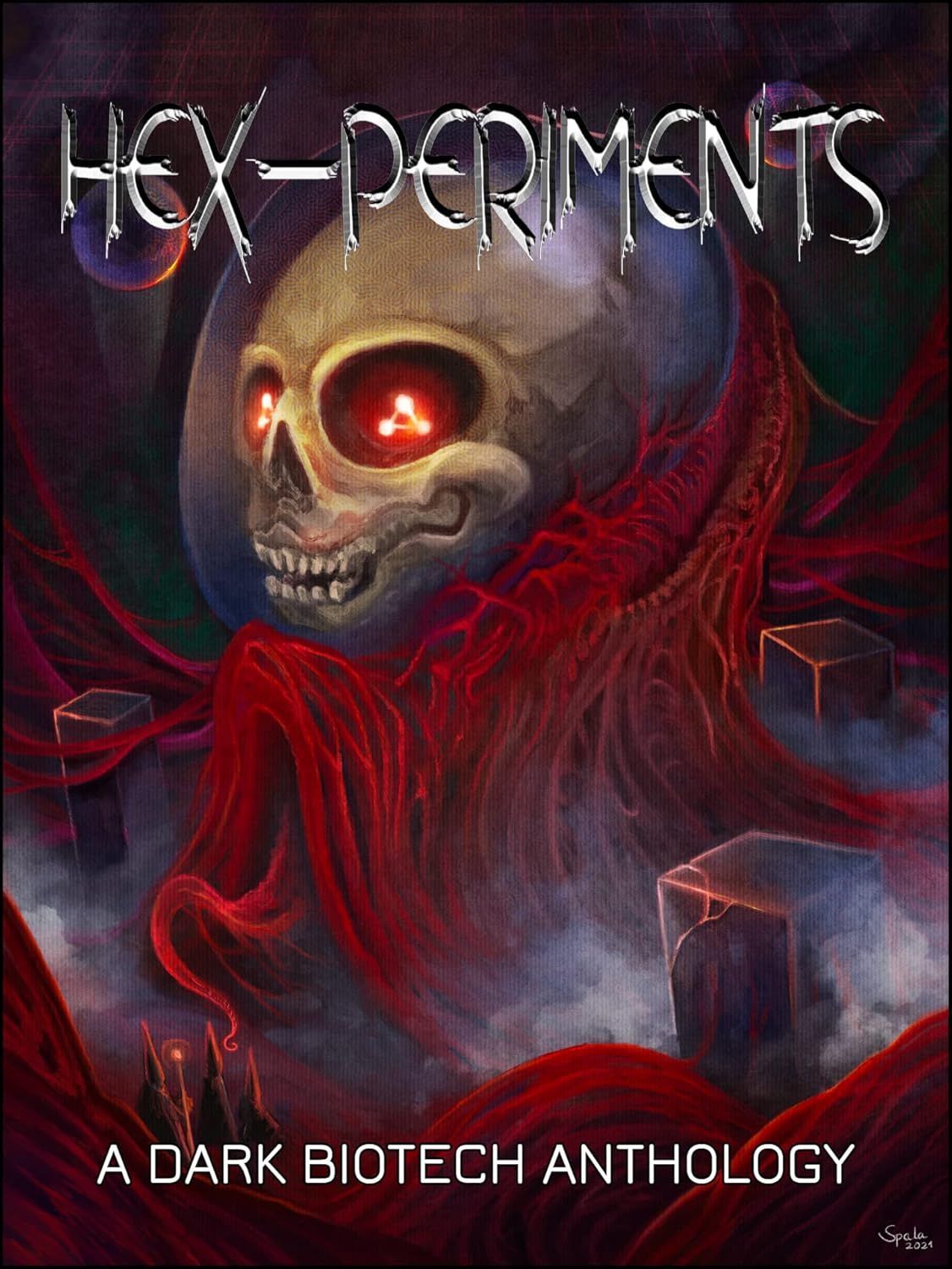 Dark biotech anthology cover with a glowing-eyed skull and red tendrils; title: