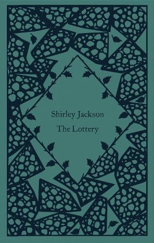 Book cover for Shirley Jackson’s The Lottery, with teal and black geometric border design.