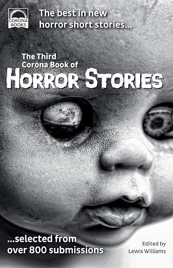 Book cover for “The Third Corona Book of Horror Stories” with a pale, eerie doll face and dark eyes