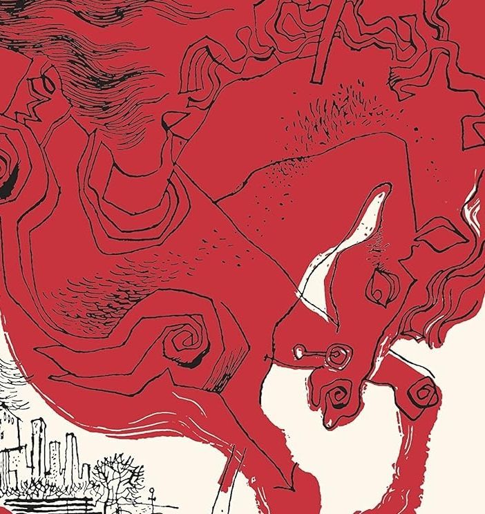 Abstract red illustration of a large cat-like figure with flowing lines and a white curved shape