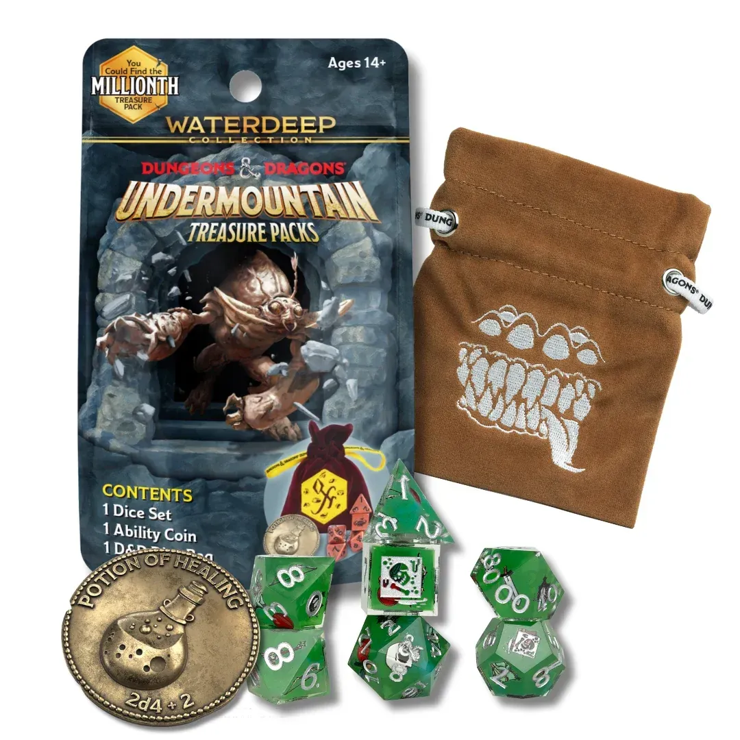 Dungeons & Dragons Waterdeep: Dungeon of the Mad Mage treasure pack with dice and a brown pouch