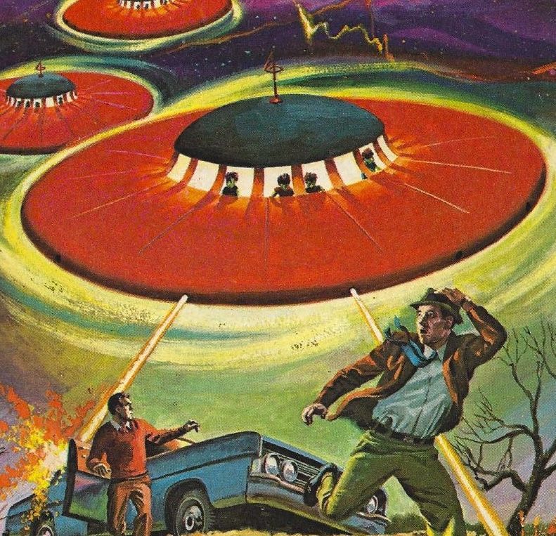 Giant red flying saucers hover over a car and two startled people in a surreal alien invasion scene
