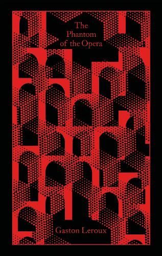 Red-and-black book cover of The Phantom of the Opera by Gaston Leroux with repeating arches