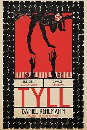 Book cover for Tyll by Daniel Kehlmann, with a black cat and raised hands on a red background.