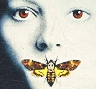 Red-eyed face with a moth centered over the mouth, evoking The Silence of the Lambs poster
