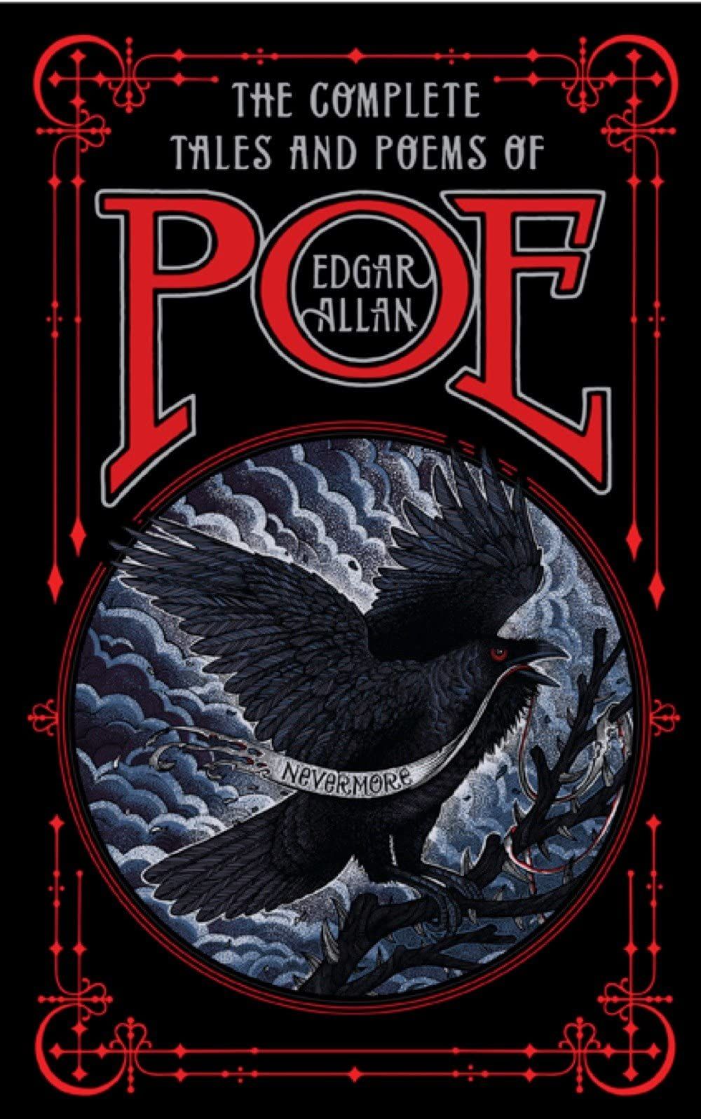 Book cover of The Complete Tales and Poems of Edgar Allan Poe with a black crow over a moonlit blue circle.