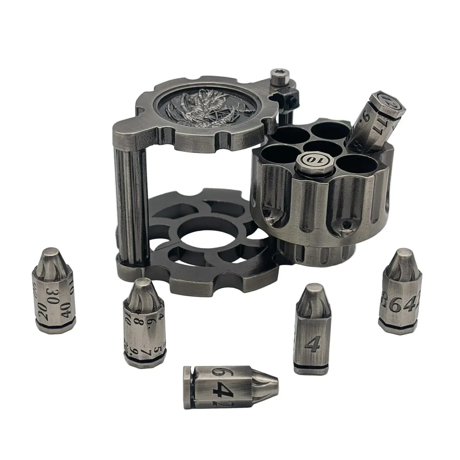 Metal puzzle-shaped object with several bullet-shaped pieces on a white background