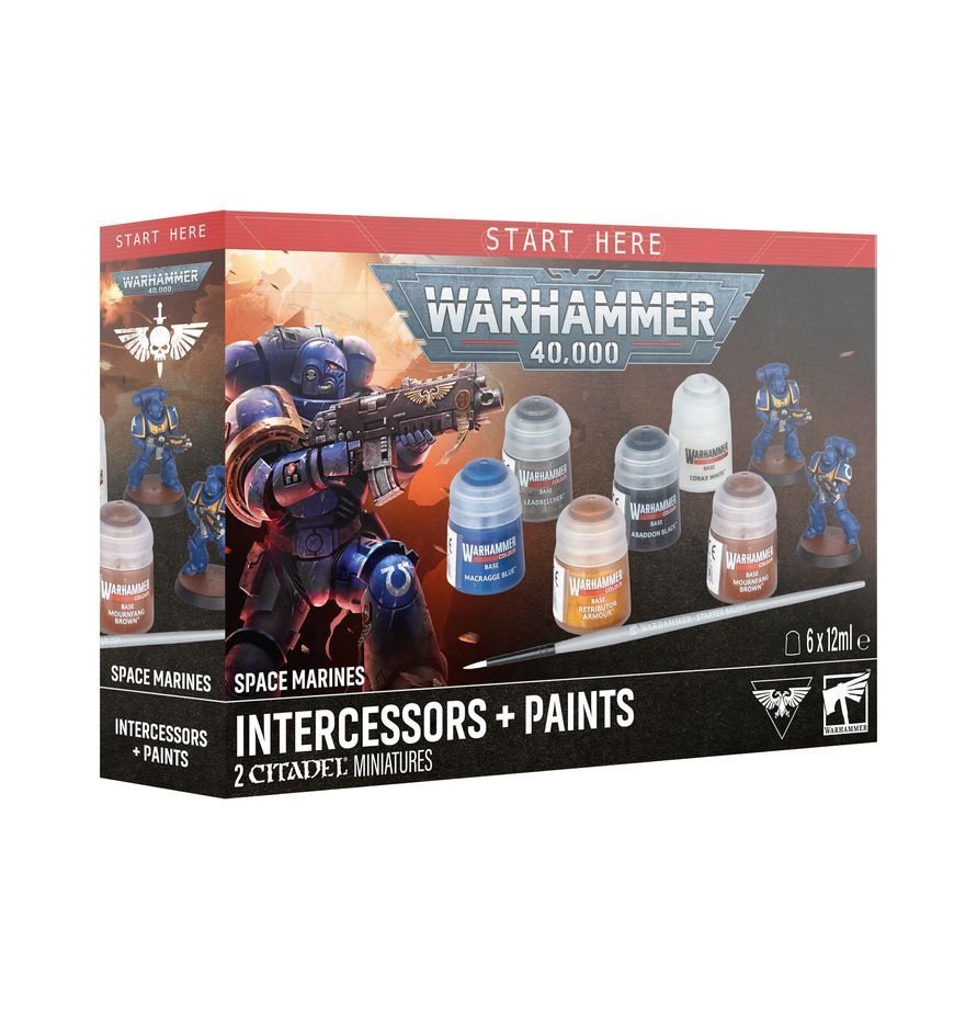 Warhammer 40,000 Space Marines Intercessors + Paints starter set box with miniatures and paint bottles