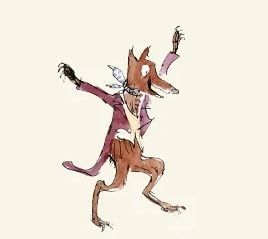 Cartoon fox-like creature in a purple coat striking a playful, dancing pose