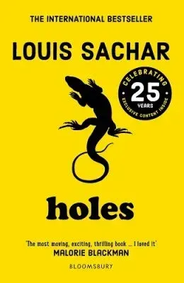 Book cover of *Holes* by Louis Sachar, yellow background with a lizard silhouette and 25th anniversary badge