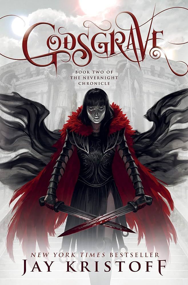 Dark fantasy book cover for “GODSGRAVE” by Jay Kristoff, featuring a black-clad figure with red accents and swords.