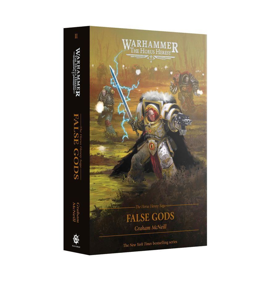 Warhammer 40,000 novel box cover, False Gods, featuring an armored warrior with glowing blue weaponry.