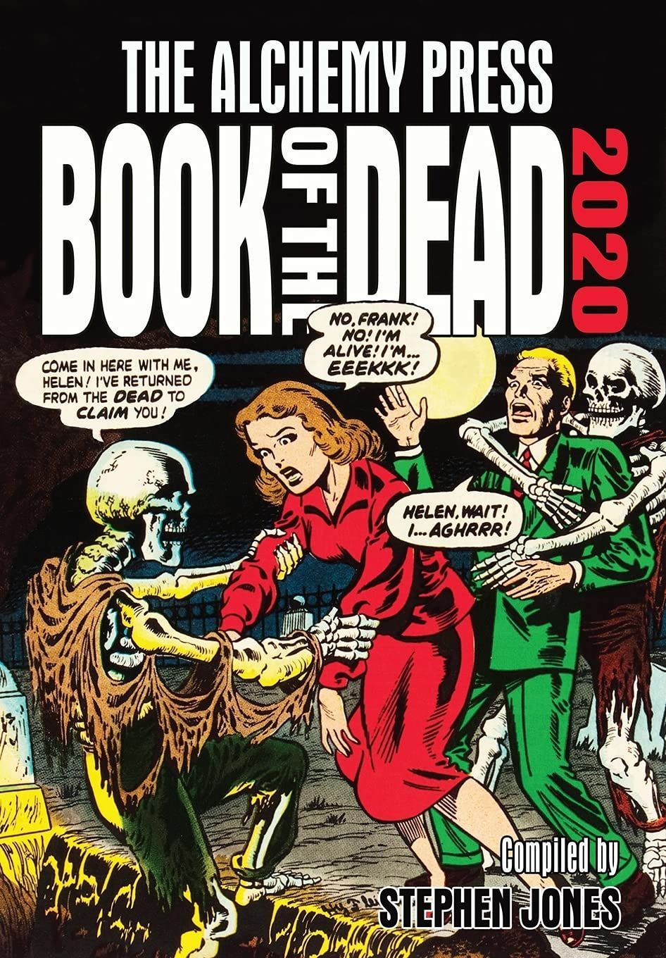 Illustrated book cover for The Alchemy Press Book of the Dead 2020, with colorful zombie figures and gothic title text