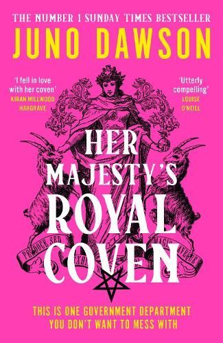 Pink book cover for Juno Dawson’s Her Majesty’s Royal Coven with a central black witch illustration and white title text