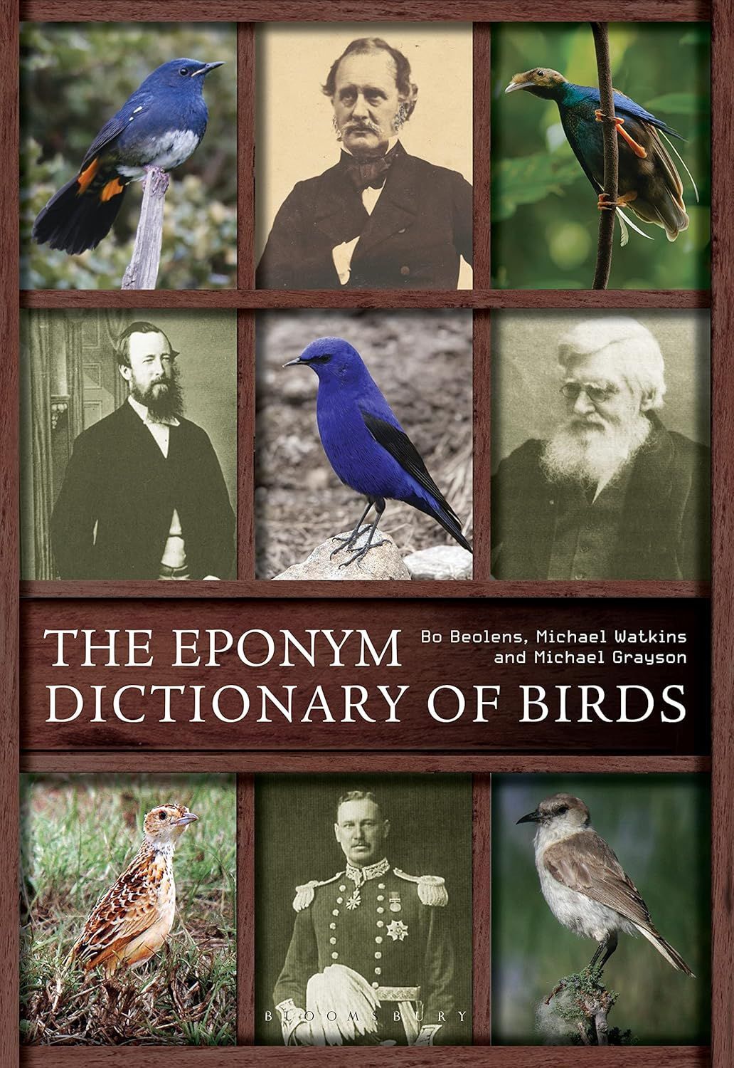 Collage of birds and portraits on a book cover titled “The Eponym Dictionary of Birds”