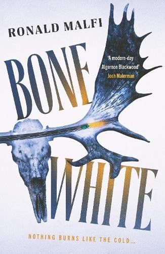 Book cover of Ronald Malfi’s Bone White, with icy blue and black typography over a snowy background