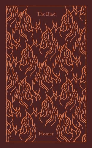 Book cover of The Iliad by Homer, with a dark red background and orange flame pattern.