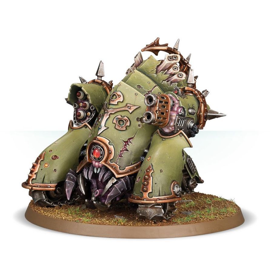 Green armored sci-fi tank with spikes and rust details on a round base
