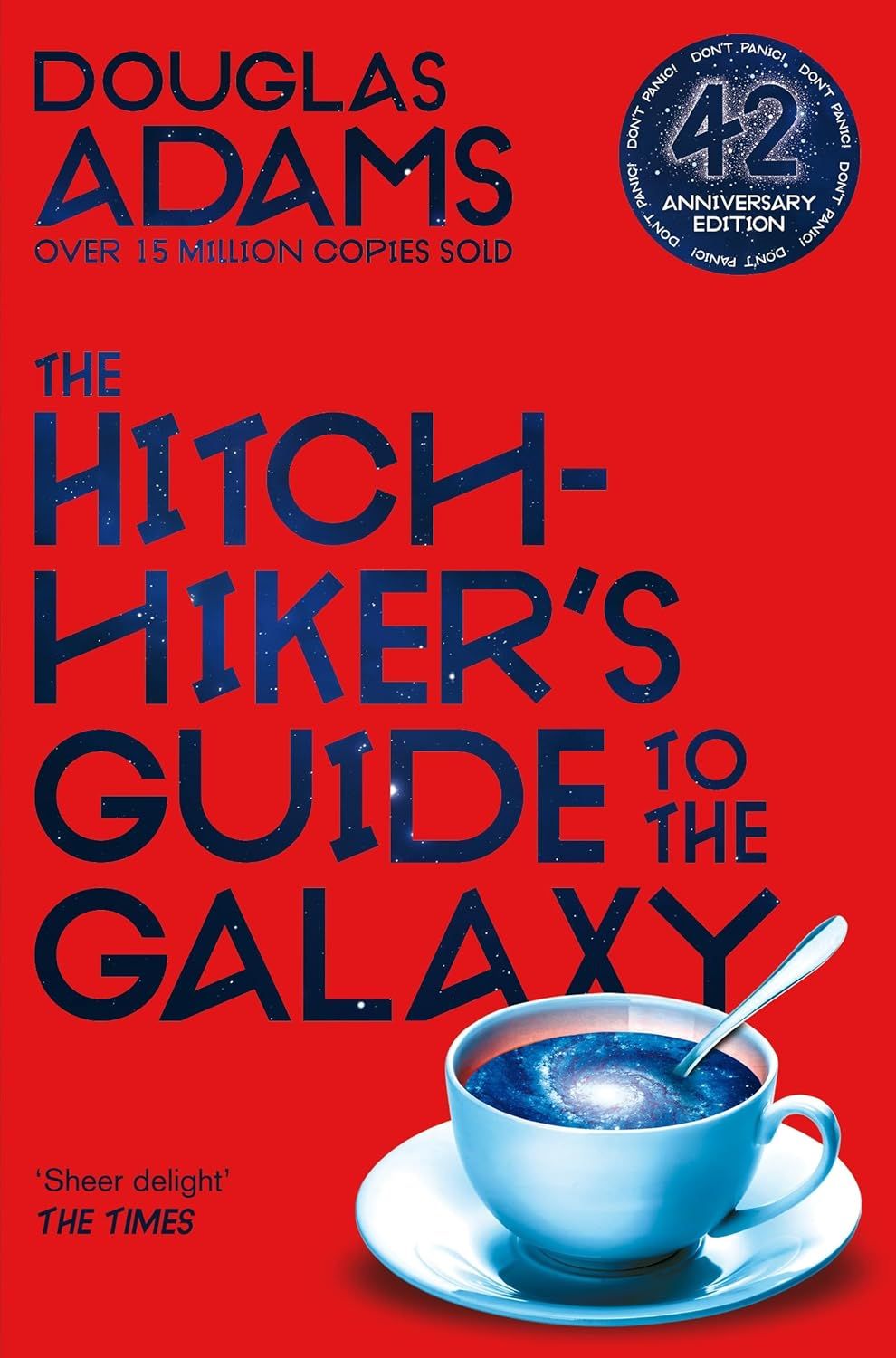 Book cover of The Hitchhiker’s Guide to the Galaxy by Douglas Adams, with a blue teacup on a red background